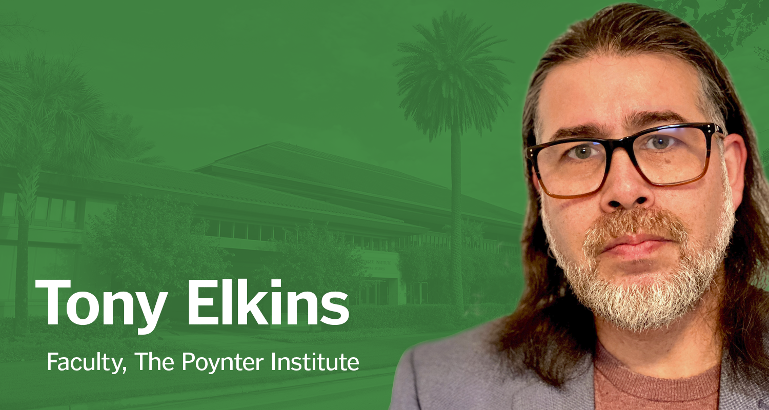 Headshot of Tony Elkins over a green background with faint outline of Poynter building